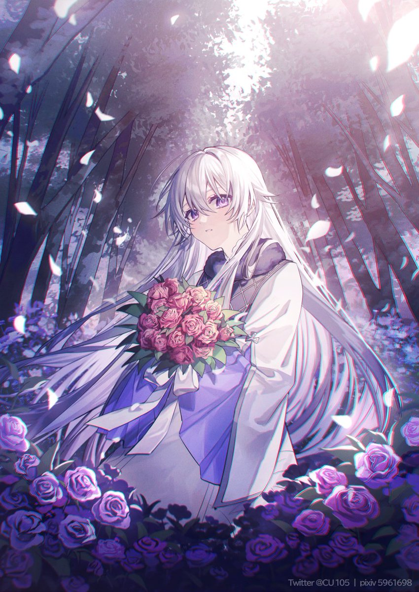 flower long hair solo 1girl purple eyes bouquet rose  illustration images