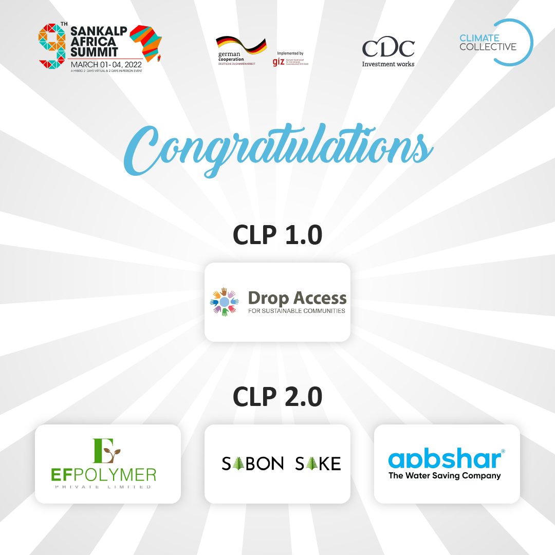 Winners CLP 1.0
1. Drop Access - Kenya

Winners of CLP 2.0
1. @efpolymer - India
2. @SabonSake - Ghana
3. @aabsharsolution - Pakistan

@SankalpForum @giz_gmbh