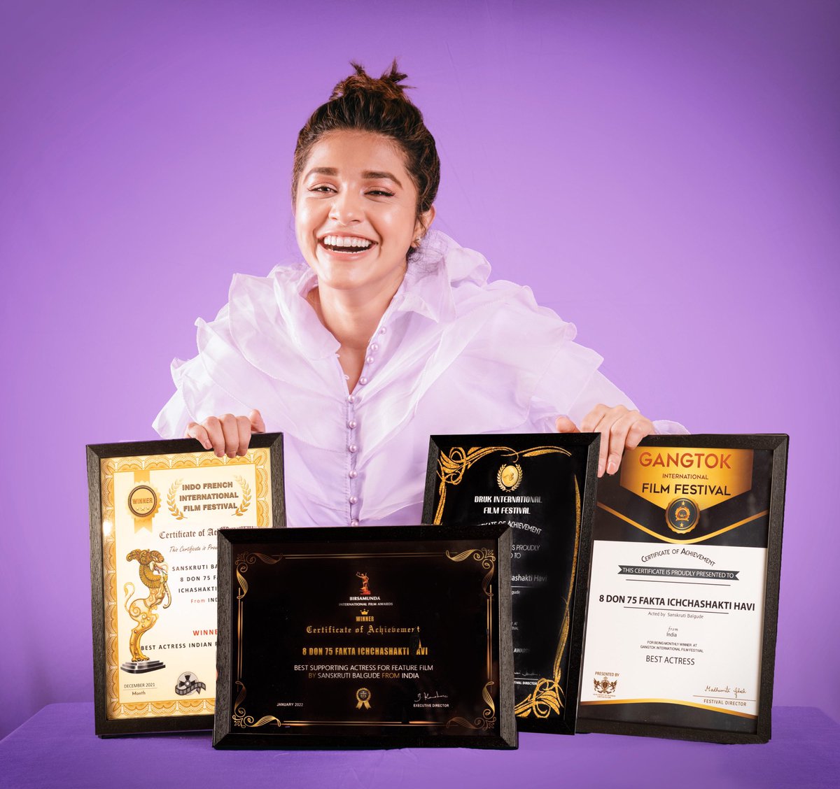Sanskruuti's tweet photo. “ ८-२-७५ “ bags #65Awards in total!
Overwhelmed, but immensely grateful!
“ Best Actress “ for :
- INDO FRENCH International Festival
- DRUK International Film Festival
- GANGTOK International Film Festival 
“Best Supporting Actress” for, 
- BIRSAMUNDA International Film Awards https://t.co/wNLGW8N77K