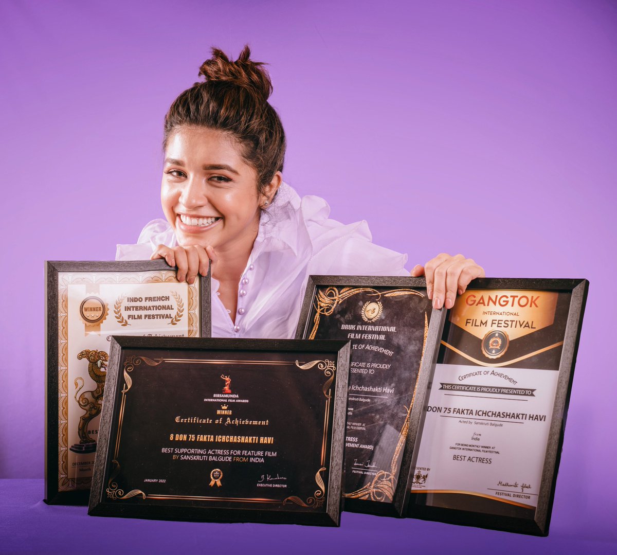 Sanskruuti's tweet photo. “ ८-२-७५ “ bags #65Awards in total!
Overwhelmed, but immensely grateful!
“ Best Actress “ for :
- INDO FRENCH International Festival
- DRUK International Film Festival
- GANGTOK International Film Festival 
“Best Supporting Actress” for, 
- BIRSAMUNDA International Film Awards https://t.co/wNLGW8N77K