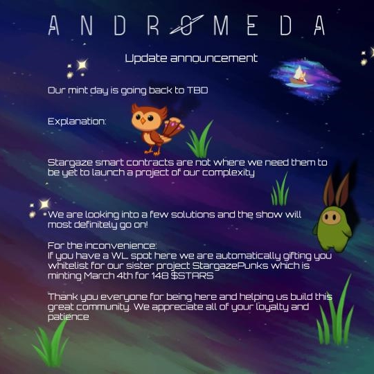 Big update:
Our mint date is back to TBD
Explanation and everything is too long for a tweet, so we have a colorful picture ❤️
Our sister project @stargazepunks is still minting on March 4th and as an inconvenience prize your WL here will be honored there💯 
#AHOOT