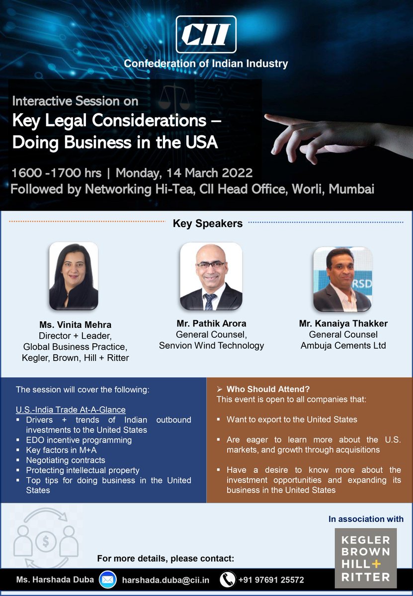 Join us for the session on "Key #Legal  Considerations – Doing Business in the USA ", hosted by <a href="/CII4WR/">CII Western Region (WR)</a>  in association w/ <a href="/KeglerBrown/">Kegler Brown</a> on 14 March. 

<a href="/CIIEvents/">CII Live</a> <a href="/Senvion_com/">Senvion</a> <a href="/AmbujaCements/">AmbujaCements</a>    <a href="/krmewawala/">Kashmira Mewawala</a> #CIIWR4GLOBAL <a href="/CII4Global/">CII International</a> <a href="/IndianEmbassyUS/">India in USA</a> <a href="/USAndMumbai/">U.S. Consulate Mumbai</a> <a href="/USAmbIndia/">Ambassador Sergio Gor</a>