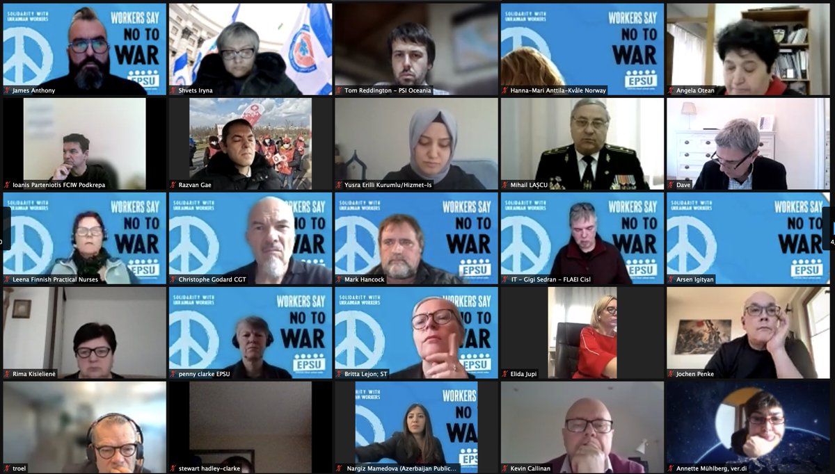 EPSUnions's tweet photo. 📢Ukrainian trade union leaders speak about the situation of the workers and people in EPSU &amp; @PSIglobalunion meeting - we stand together with our colleagues in #Ukraine.

☮️Workers say no to war! https://t.co/RBghvXCRXS