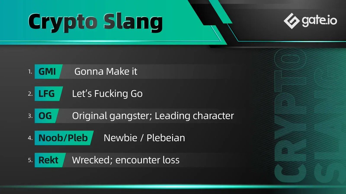 Gate's tweet photo. #CryptoSlang

Are you an #OG or #Noob or #Pleb? 

Have you ever been #Rekt? 

Sometimes you may feel that you are #GMI

And sometimes,  you just wanna shout #LFG https://t.co/BE1s2LjZNo