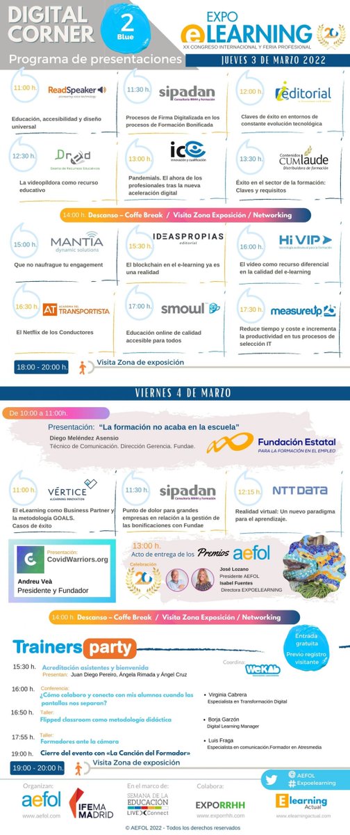 Fundae_es's tweet photo. Este año nos volvemos a juntar en #Expoelearning en el #DigitalCorner el 3 y el 4 de marzo, el 3 hablaremos de cómo formar a vuestros empleados y el 4 de digitalízatePlus, una oportunidad de seguir aprendiendo y adquirir competencias de manera gratuita https://t.co/Fo7iMMlIrq https://t.co/KZbA19eNII