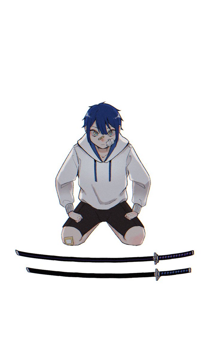 1boy weapon sword bandaid male focus blue hair solo  illustration images