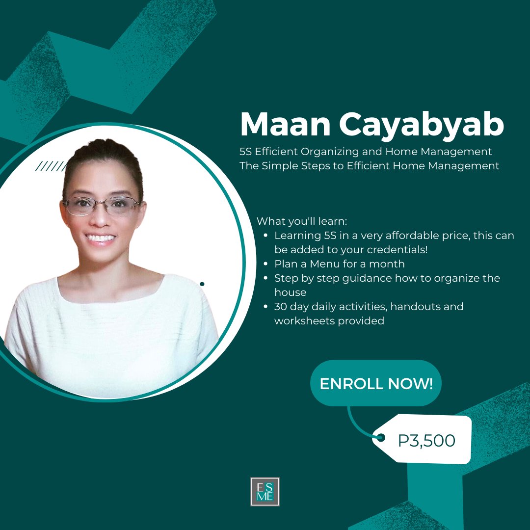EsmePhilippines's tweet image. Maan Cayabyab's 5S Efficient Organizing and Home Management to level up your skills and career. Get access to downloadable worksheets, lessons, and takeaways as well as ESME Community of professional learners and educators. 

#ESMEPhilippines
#HomeManagement
#EfficientOrganizing