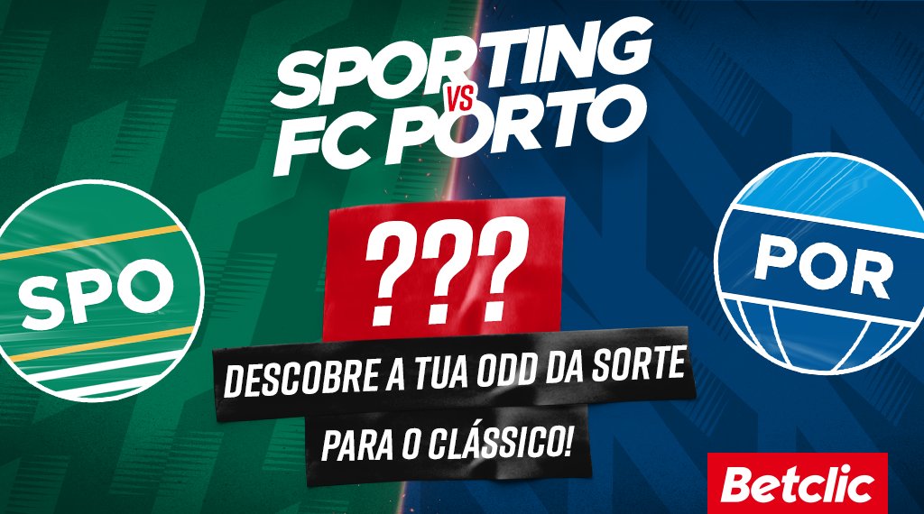 Sporting e Porto jogam para a Taça de Portugal e se a odd da sorte se realizar, ficas habilitado ao sorteio de 10€ em Freebets para 10 pessoas!

- Dá RT
- Comenta com #ClássicoBetclic + Username Betclic

1 comentário por utilizador.
Passatempo termina às 20h40 de quarta.