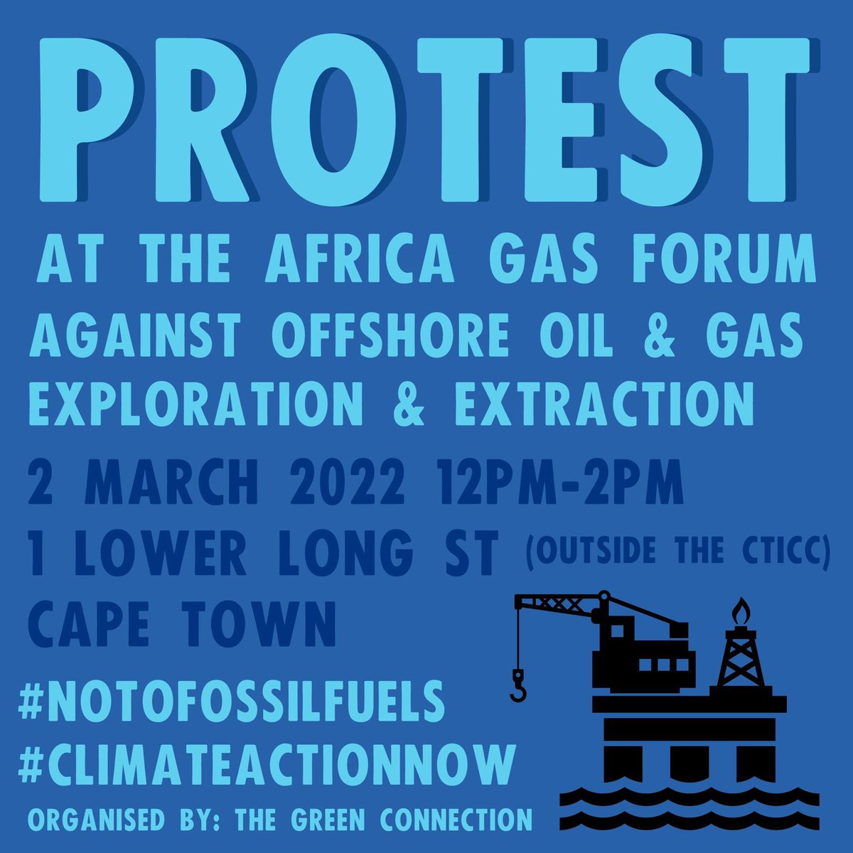 Protest today! The Africa Gas Forum congregates at CTICC to lobby for oil and gas exploration and production in Africa. Join the protest against this destructive course. For renewables. For a sustainable future. 

#gasIsNotGreen
#noMoreFossilFuels 
#uprootTheDmre.