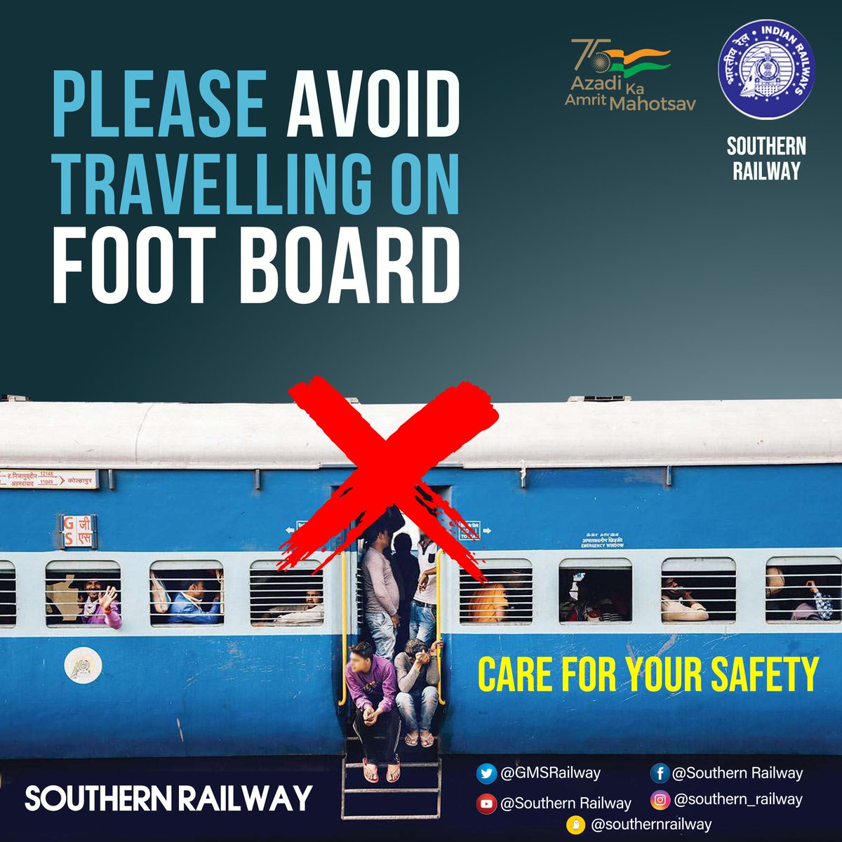 Make safety your priority!

Avoid clinging precariously to the foot board, sitting on the foot-steps and standing near the entrance of the coach! Your foot board travel may harm your co-passengers also!

#railsafety #SouthernRailway #IndianRailways