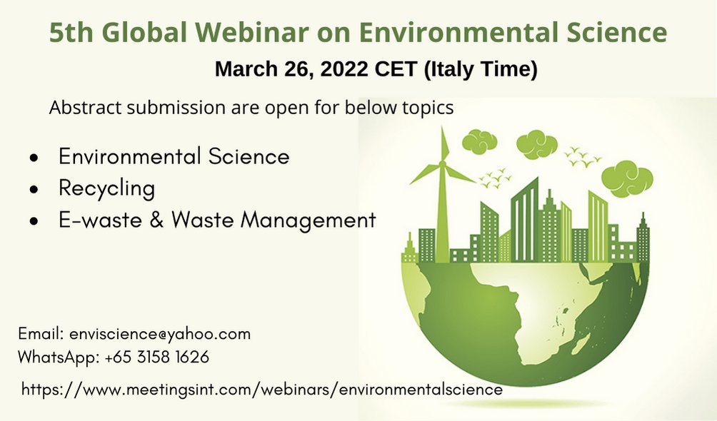 congress_earth's tweet photo. Join your peers to have scientific knowledge on #environmentalscience #recycling #ewaste #wastemenagement on March 26, 2022
W: https://t.co/WbLe9MfbXk
E: enviscience@yahoo.com
#meetingsint #WebinaronEnvironmentalScience https://t.co/S9kc4oDHaI