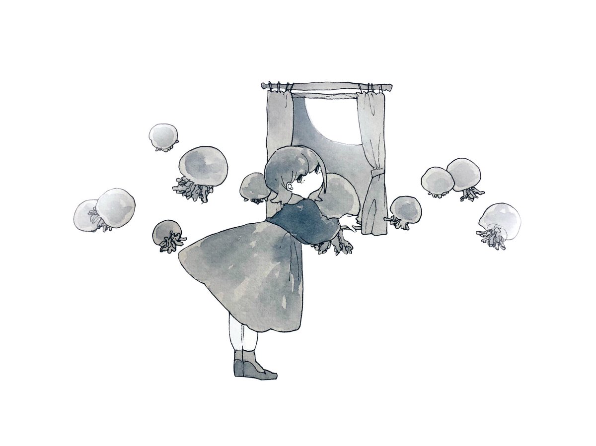 1girl solo curtains dress long sleeves white background shoes  illustration images