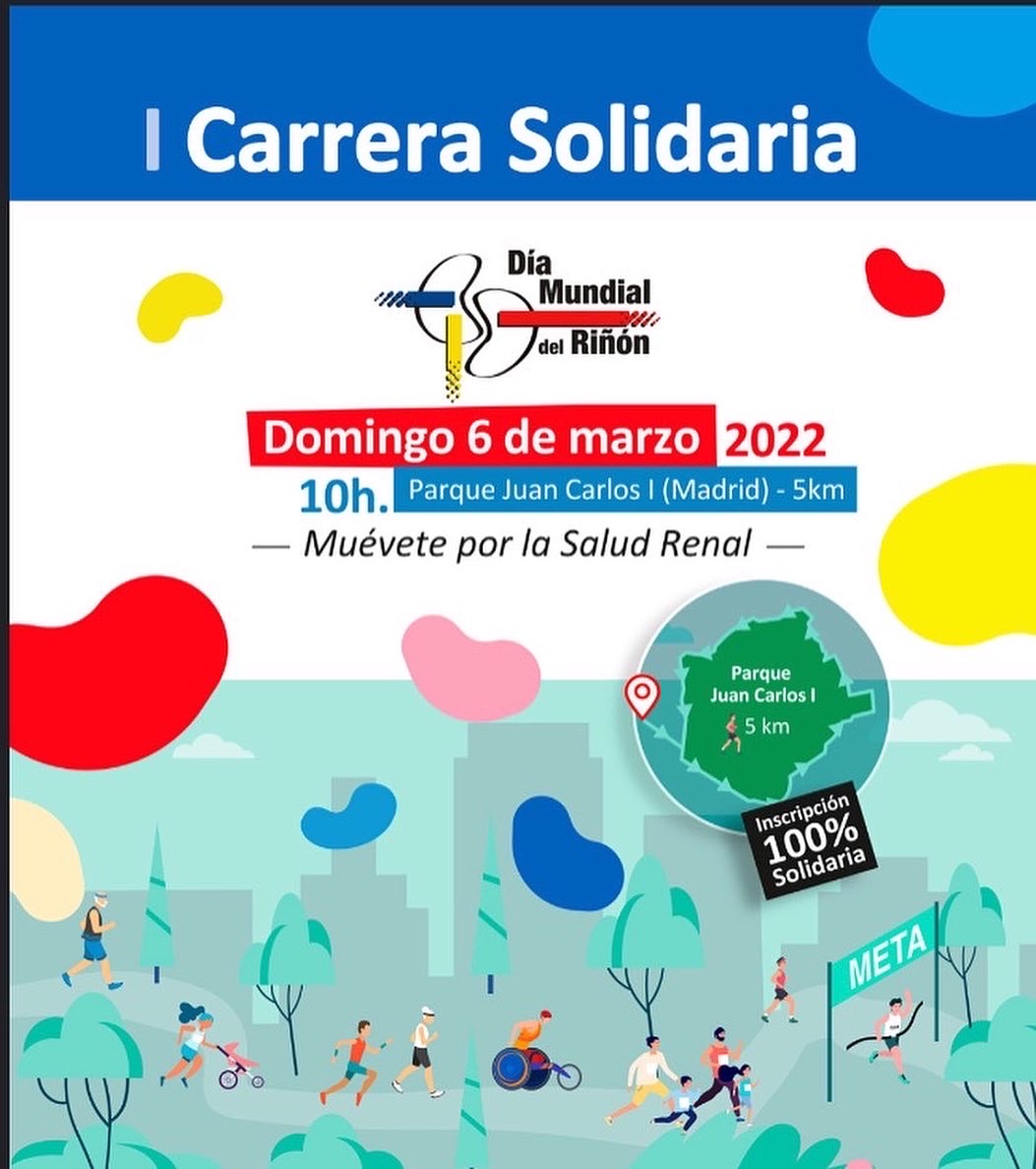 6 de marzo en Madrid I Carrera Solidaria Día Mundial del Riñón. Parque Ferial Juan Carlos I. 5km  Familiar e inclusiva.
Presencial  o virtual. 100% solidaria y la  recaudación irá destinada a las actividades S.E.N. ALCER #DíaMundialdelRiñón  diamundialdelriñon.com <a href="/SENefrologia/">S.E.N. Nefrología</a>
