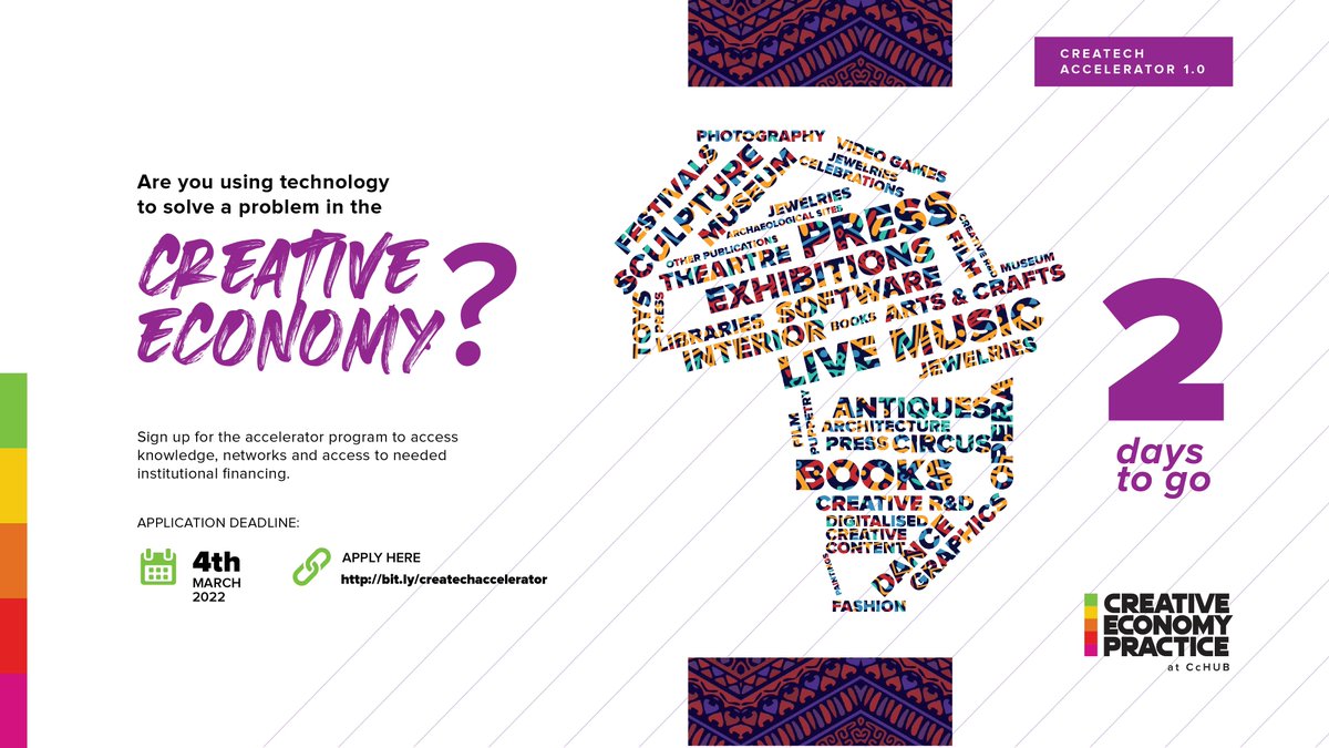 Cc_HUB's tweet photo. The #CreatechAccelerator 1.0 is for startups using technology to solve the following in Africa's Creative Economy
✅Access to market & audiences
✅Access to supply chains
✅Access to market intelligence & data/insight
✅Ecosystem & community development
✅Payments & monetisation https://t.co/gXlq0ErH0x