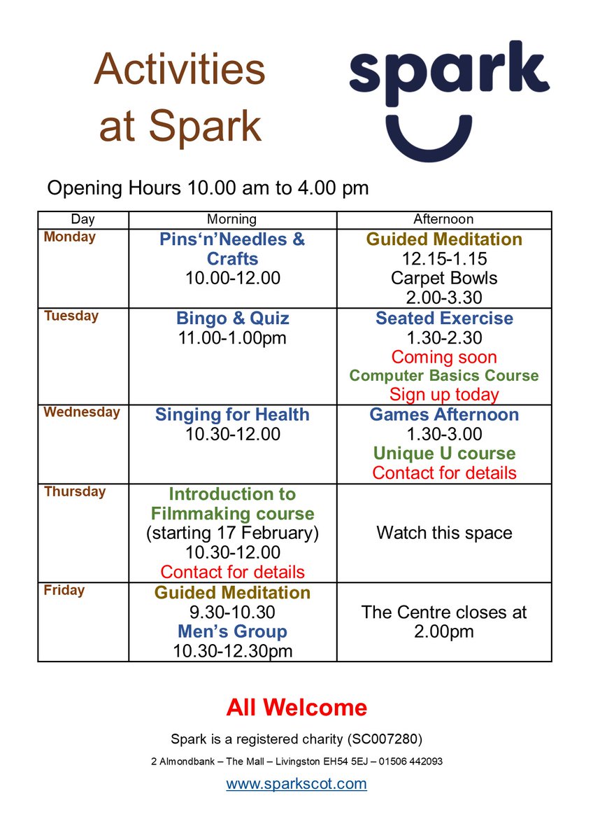 sparkscottweet's tweet photo. We are pretty much half way through a busy week here in the #HeartofCraigshill.
Today we have #Singing4Health, #GamesAfternoon & the #UniqueU course.
Why not sign up for our fortnightly eLetter & keep in the loop?
https://t.co/apRrhvFLY2 https://t.co/Pbs8a8jS8k