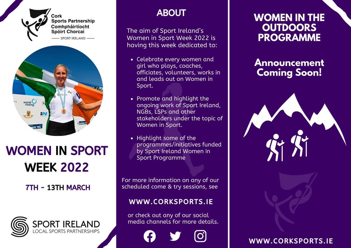 CorkSports's tweet image. 🤩 Cork Women In Sport Week 7th-13th March 🙋🏼‍♀️

@CorkSports is delighted to launch an exciting calendar of FREE social sport &amp;amp; physical activity opportunities throughout Cork

🥋 Karate
🚲 Cycling
🎥 Webinar
⚽️ Soccer
🥾 Trail Walks
🏐 Volleyball
🥳 More

ℹ️corksports.ie/latest-news/wo…