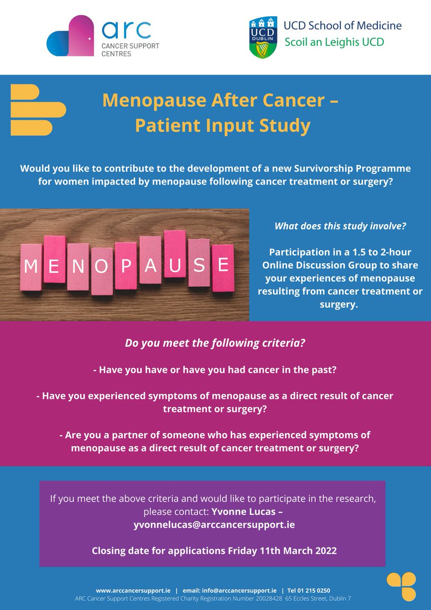 Trinity St James's Cancer Institute (@cancerinstire) on Twitter photo ARC Cancer Support Centres: Patient Input Study - Menopause after cancer <a href="/ARCCANCERDUBLIN/">ARC Cancer Support</a> ARC Cancer Support Centres: Patient Input Study - Menopause after cancer <a href="/ARCCANCERDUBLIN/">ARC Cancer Support</a>
