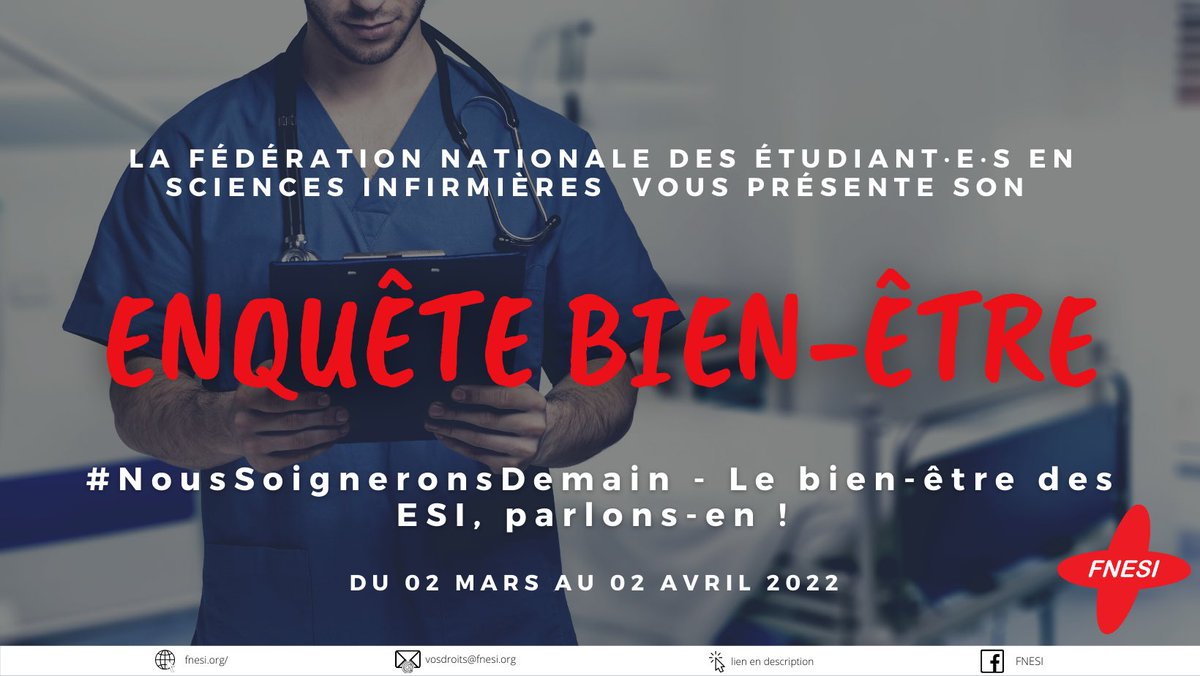 #NousSoigneronsDemain | Aujourd’hui nous lançons notre enquête Bien-Etre édition 2022 🕵️

Vous pouvez répondre au questionnaire juste ici : forms.gle/CDLhF9mPzy47hB…

👉 #ESI, faites entendre votre voix ! 

Vous avez jusqu’à 02 avril 2022 pour répondre 📚