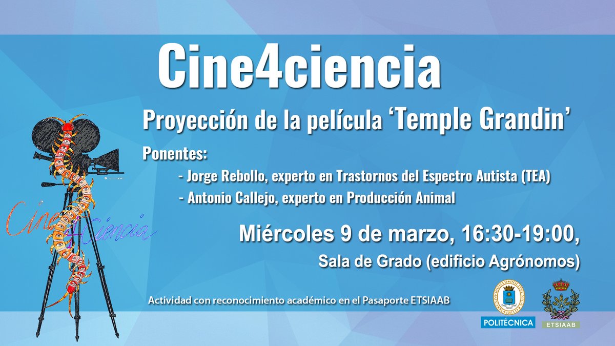 etsiaab's tweet photo. 📽 Vuelve @Cine4Ciencia con la proyección de la película 'Temple Grandin': https://t.co/EaQo270xax 

📍Miércoles 09/03, 16:30-19:00, Sala de Grado (Ed. Agrónomos). 

*Actividad acreditable #PasaporteETSIAAB. https://t.co/mEjF9rs4E3