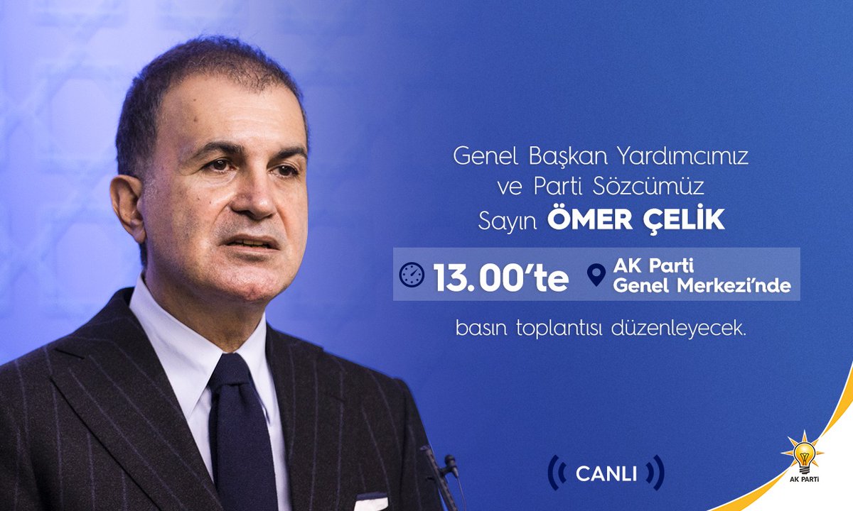 Genel Başkan Yardımcımız ve Parti Sözcümüz Sayın @omerrcelik saat 13.00’te AK Parti Genel Merkezi’nde basın toplantısı düzenleyecek.
