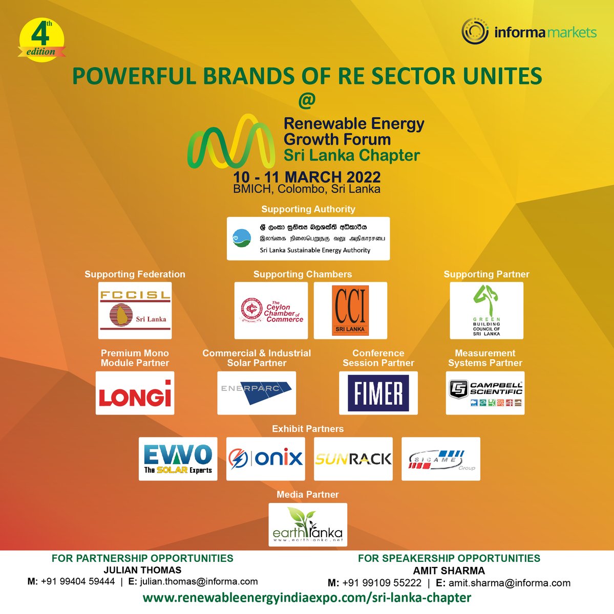 Unlocking the Era to Net Zero Emissions…!

RENEWABLE ENERGY GROWTH FORUM – Sri Lanka Chapter_4th Edition

On 10th -11th March
At BMICH, Sri Lanka. Hall – Lotus

#sustainabilty #renewableenergy