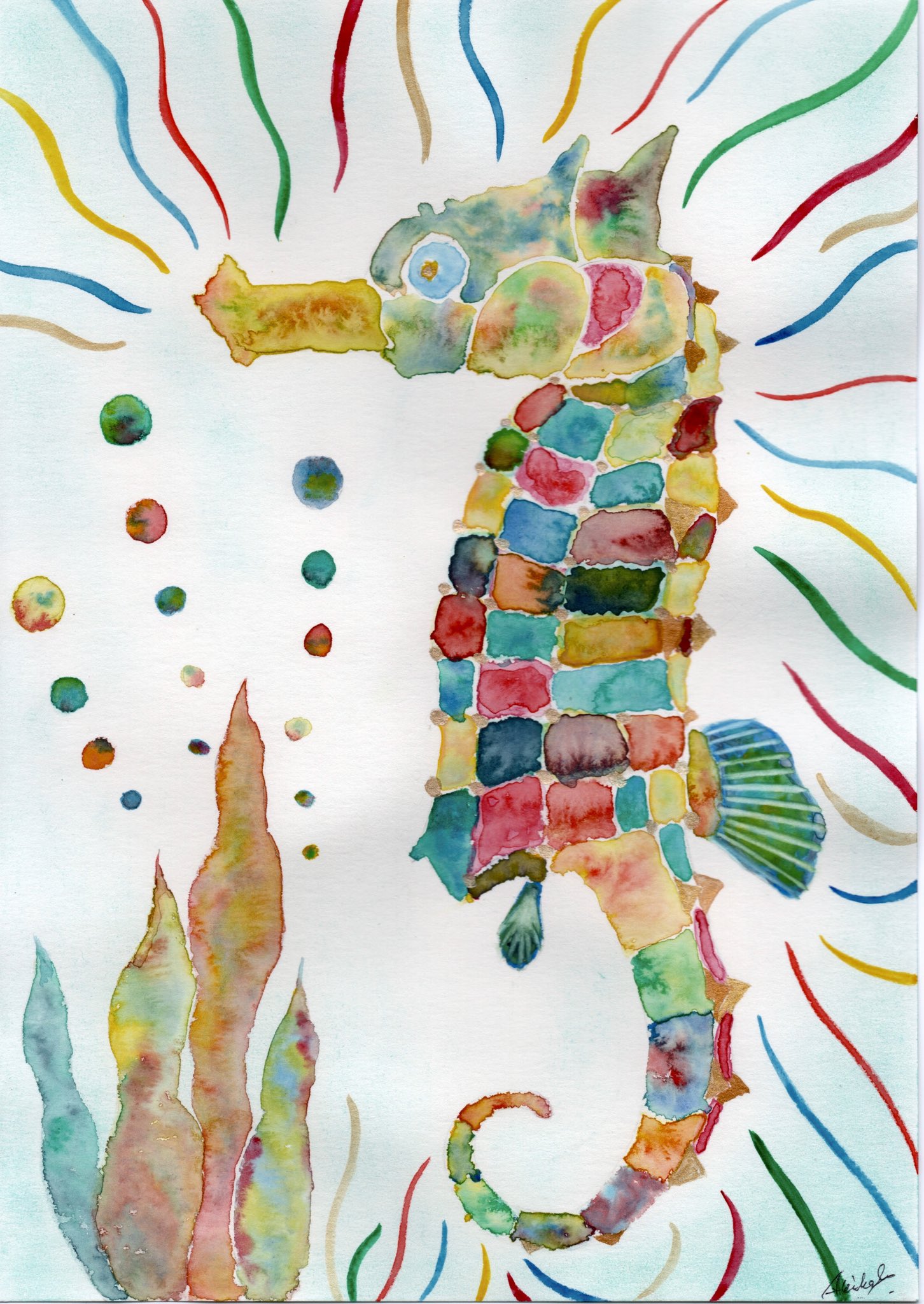 岩原亜紀子 水彩画 タツノオトシゴ 朝閃いたモチーフ 昨日今日ハードだったので 明日は通院日ゆるく過ごします 絵を描くことはエネルギー使いますね 水彩画 タツノオトシゴ イラスト アート Watercolor Watercolour Seahorse Illust