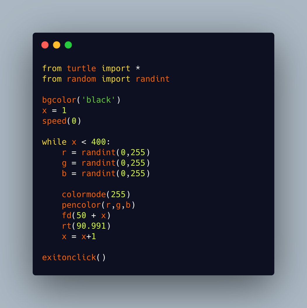 driscollis's tweet image. #Python has a module called `turtle`. You can use `turtle` to draw.

It&apos;s a lot of fun. Here&apos;s an example plus its output!

🐍➕🐢🔥