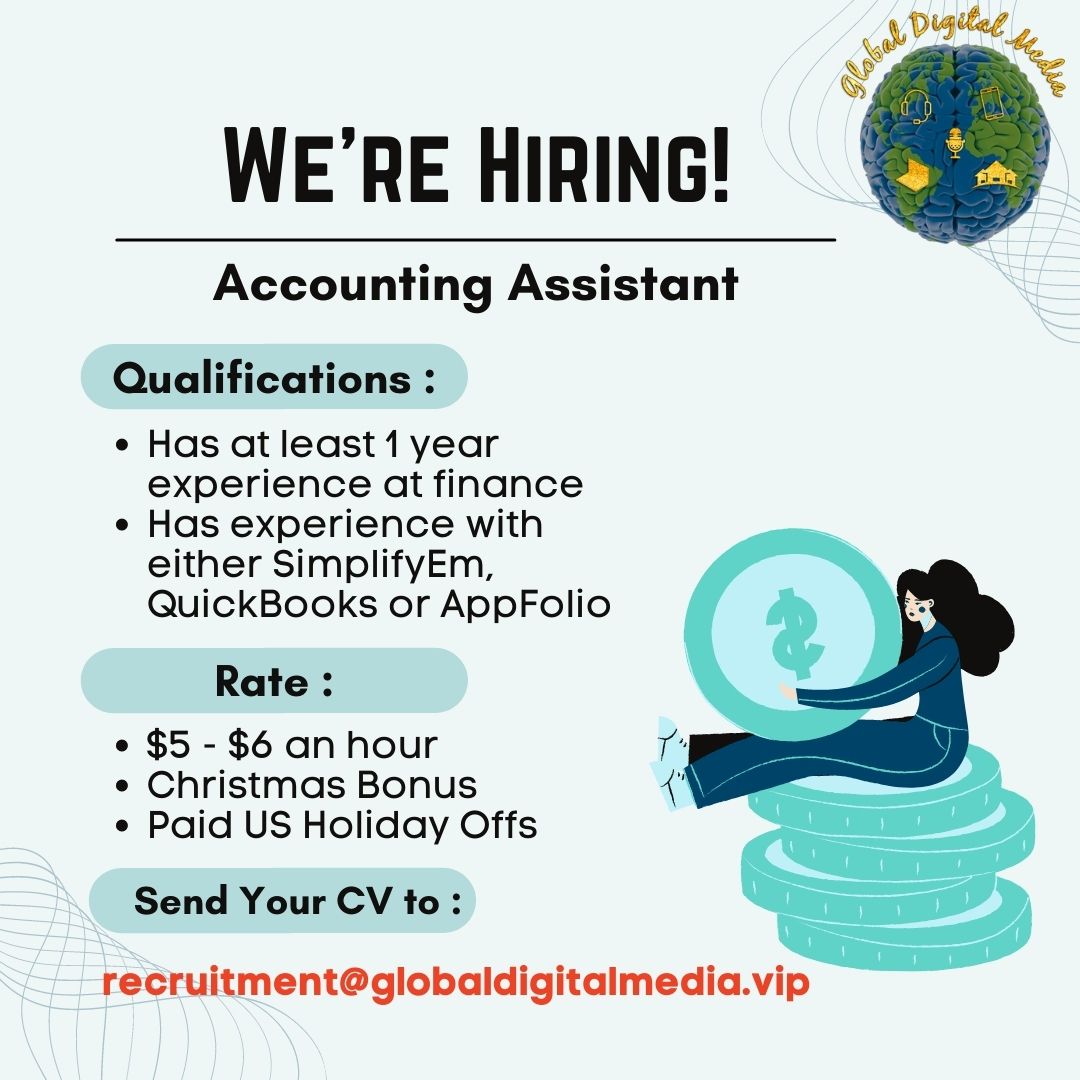 Global Digital Media is looking for an experienced Accounting Assistant! If you think you are a perfect fit - APPLY NOW! ✨

#GlobalDigitalMedia #RemoteStaffing #WorkFromHome #Hiring #AccountingAssistant