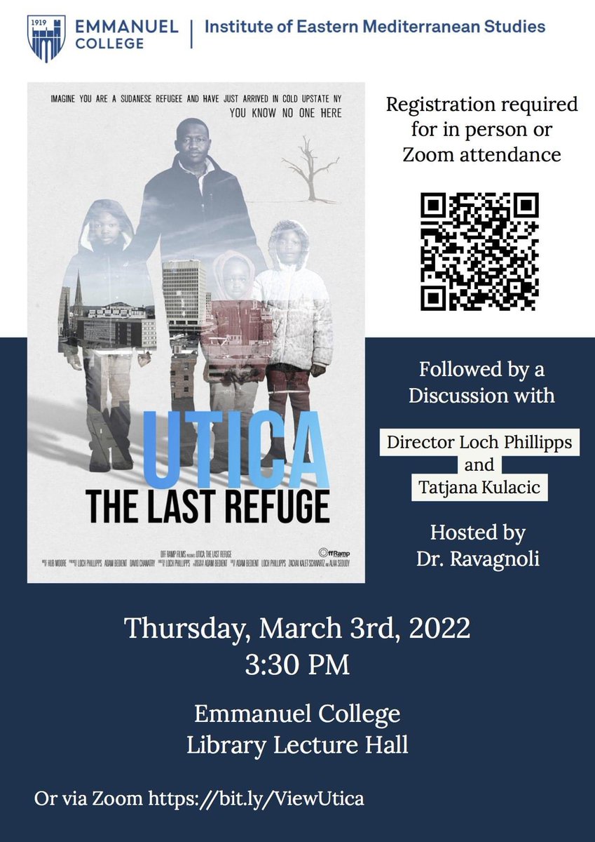 🔹Join IEMS this Thursday, March 3, in viewing the film Utica: The Last Refuge

🔹After the viewing Dr. Ravagnoli will lead a discussion and you’ll have a chance to speak with the director!

🔹Library Lecture Hall! Zoom option is also available and registration is required!