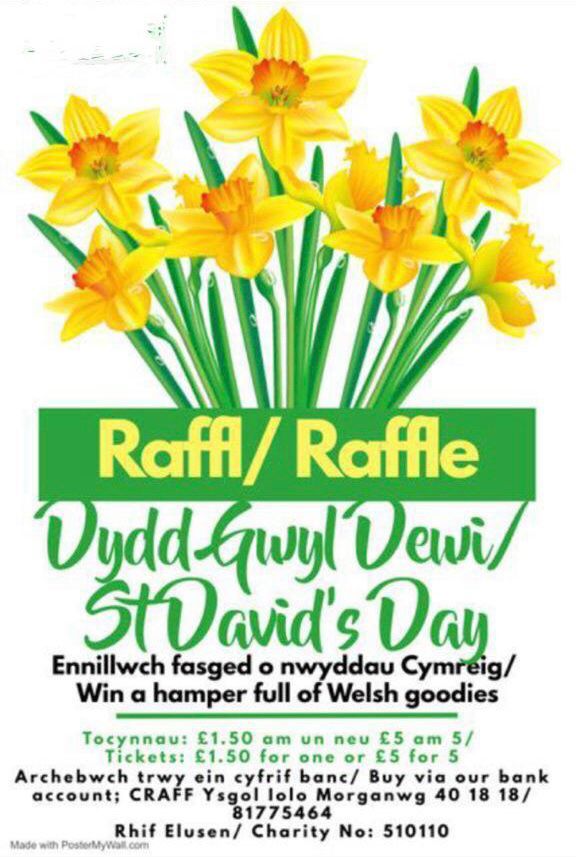 Dyw hi ddim yn rhy hwyr i brynu tocyn ar gyfer Raffl Dydd Gŵyl Dewi CRAFF. Bydd yr enillydd yn cael ei gyhoeddi brynhawn dydd Iau fel y gall gasglu'r hamper ddydd Gwener.🌼🏴󠁧󠁢󠁷󠁬󠁳󠁿 <a href="/ysgoliolo/">Ysgol Iolo Morganwg</a>