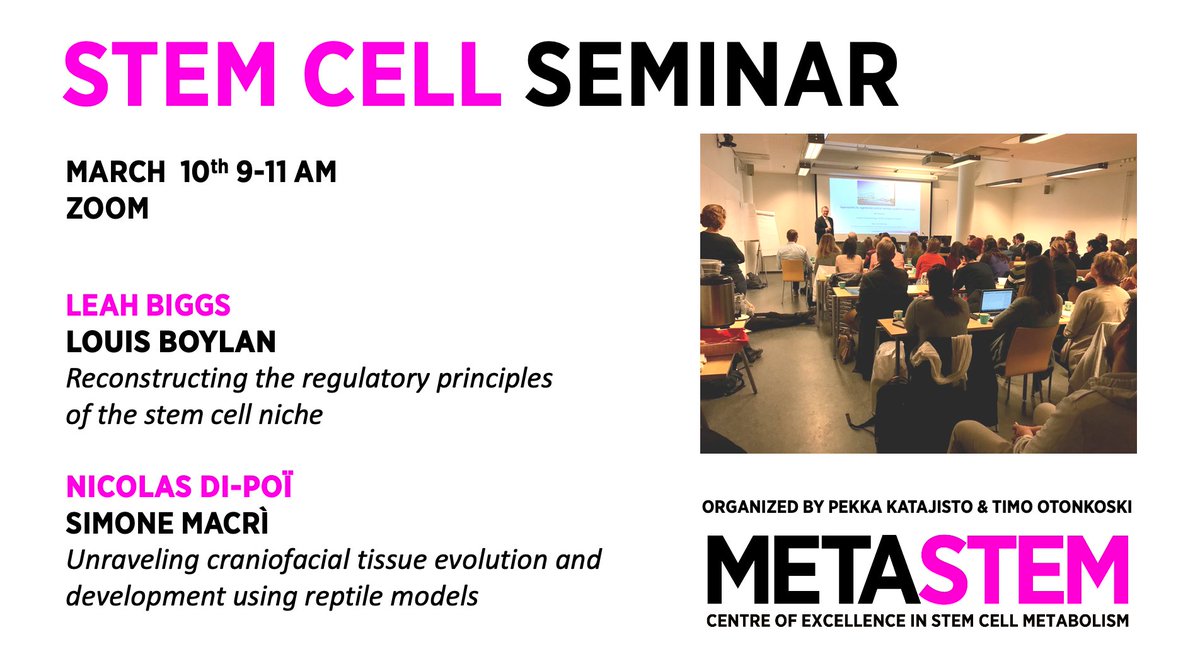 MetaStem (@metastem_center) on Twitter photo Excited to start a new year of Stem Cell Seminars. Next week Thursday, March 10th at 9-11 am we hear from <a href="/LeahBiggs/">Leah Biggs</a> and <a href="/NicolasDiPoi/">Di-Poi Nicolas</a> labs about stem cell niches, mechanics, reptile craniofacial and brain evo-devo <a href="/STEMMProgram/">STEMM Research Program</a> <a href="/BIOTECH_UH/">Institute of Biotechnology (BI)</a> <a href="/HiLIFE_helsinki/">HiLIFE_Helsinki</a> Excited to start a new year of Stem Cell Seminars. Next week Thursday, March 10th at 9-11 am we hear from <a href="/LeahBiggs/">Leah Biggs</a> and <a href="/NicolasDiPoi/">Di-Poi Nicolas</a> labs about stem cell niches, mechanics, reptile craniofacial and brain evo-devo <a href="/STEMMProgram/">STEMM Research Program</a> <a href="/BIOTECH_UH/">Institute of Biotechnology (BI)</a> <a href="/HiLIFE_helsinki/">HiLIFE_Helsinki</a>