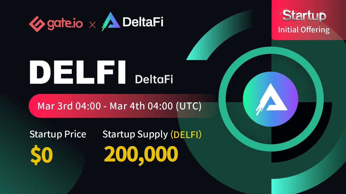 Gate's tweet photo. https://t.co/8kWqgEeplL Startup Free Offering: @deltafi_ai

Duration: 04:00, Mar 3rd - Mar 4th (UTC)

🧧50 lucky users will share 350 $DELFI 🧧
Follow @gate_io
Like &amp; RT

Participate: https://t.co/m8HBgUp0bz  
Details: https://t.co/Q6CS8mS3p6  

#Gateio #Startup https://t.co/Ei3QQ7sITp