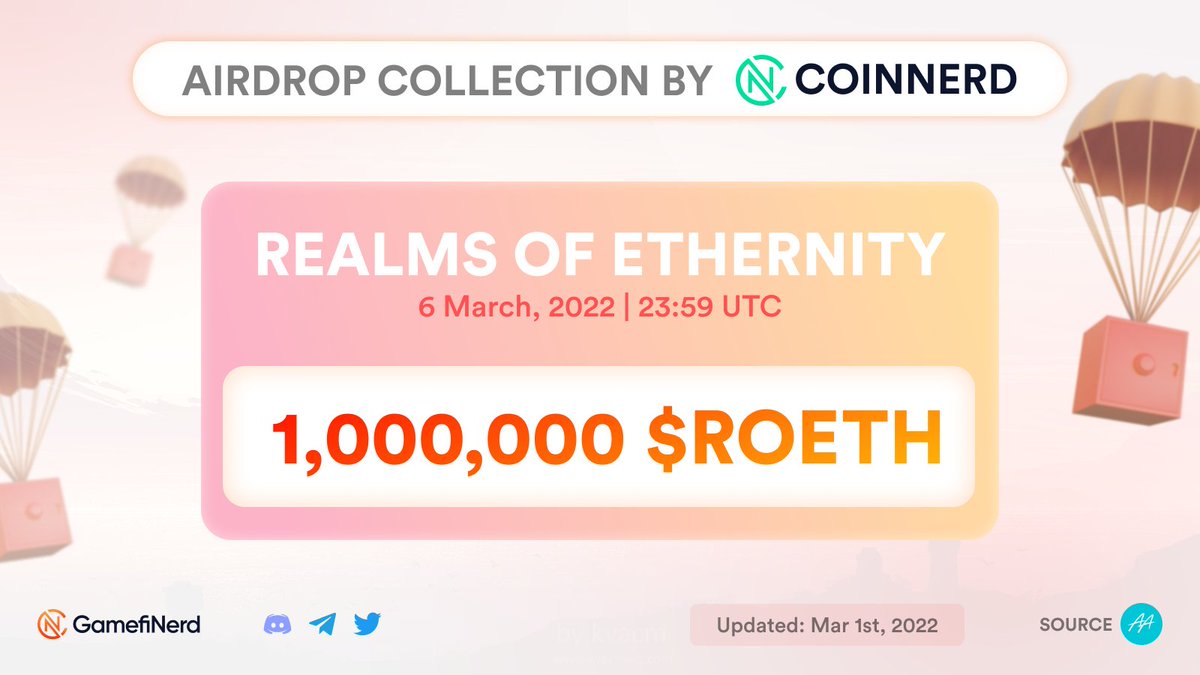 GamefiNerd's tweet photo. 💥#Airdrop: @realmsofeth 💰

💰Value: 1,000,000 $RoETH tokens
⏰ Time: 6 March, 2022 @ 23:59 UTC

👉Start the Realms of Ethernity Airdrop Telegram Bot here for more guides and information: https://t.co/LJNlieoEZu
#cryptocurrency #airdropalert #NFTCommunity https://t.co/p2d5ktjTqu