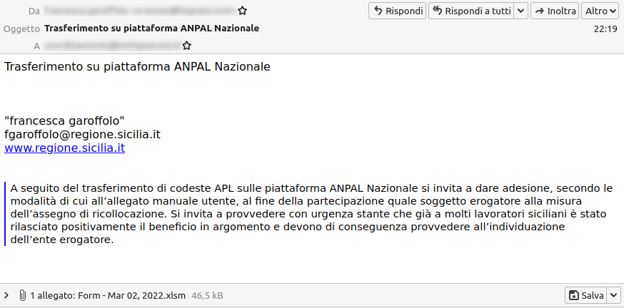 AgidCert's tweet photo. Campagna malspam volta a veicolare il malware #Emotet tramite falsa comunicazione #ANPAL (Agenzia Nazionale Politiche Attive del Lavoro)

Gli #IoC sono disponibili al seguente link 👇

🔗 https://t.co/g36krbezZJ https://t.co/nmSgtSKDsA