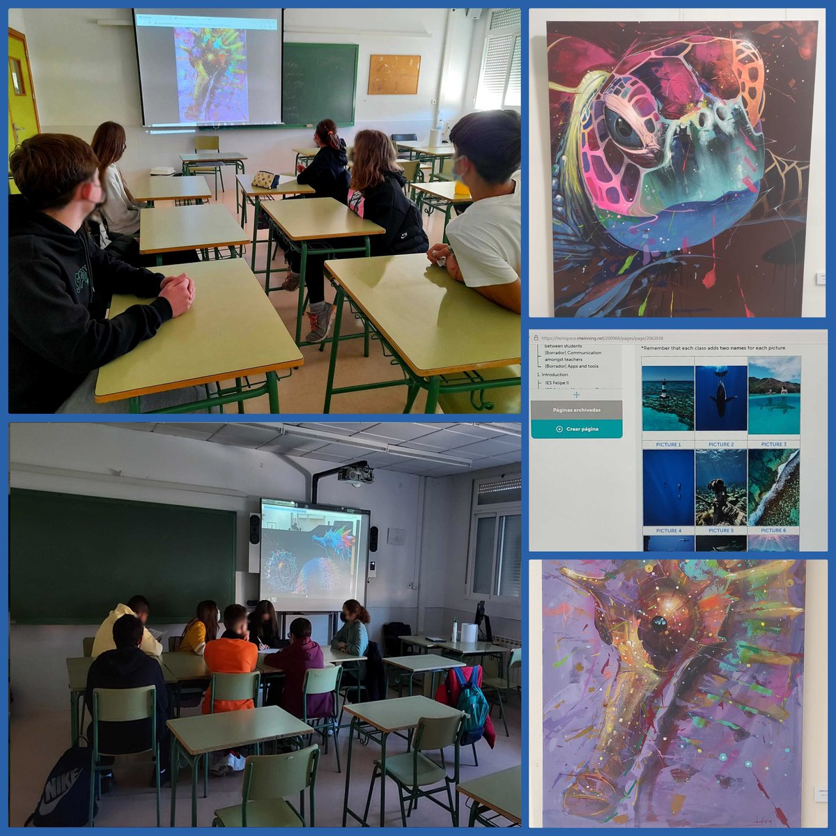 ticenelies's tweet photo. In #eTwOceans, we focus on the environment, science, but also #art. We give a title and reflect on what these pictures by photographer #JamesDoughty and graffiti artist @goyoart203 transmit. Thanks both for sharing and collaborating. @eTwinning_es #EUBlueSchools #OceansDecade https://t.co/NR4ANkqmta