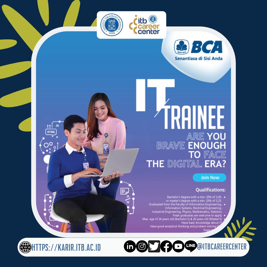 ITBCareerCenter's tweet photo. "[JOB VACANCY]
 
Mau join keluarga besar IT BCA? Yuk, join program BCA IT Trainee.

Untuk kalian yang mau memulai karir profesional di dunia IT, kalian bisa join ke program BCA IT Trainee.
Link Pendaftaran: https://t.co/VTVArGha67
 
DL : 30 Jun'22
#itbcc #karirITB #ITBcareer" https://t.co/XW3rVe34cu