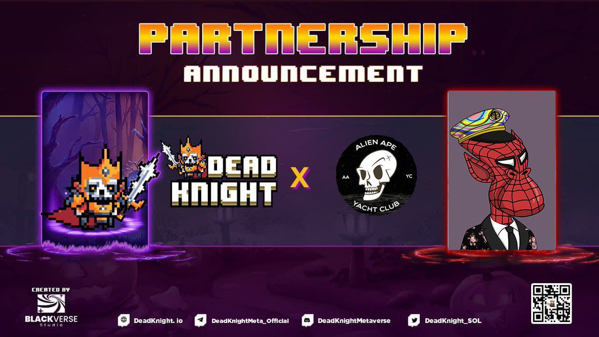 📣We are delighted to officially announce a partnership with @DeadKnight_SOL, a promising #NFT initiative!
🌏Follow us on all social media platforms now, and stay tuned for more exciting announcements! 

<a href="/AlienApeYC/">Alien Ape Yacht Club</a> #Eth #Ethereum 
#Solana  #NFTs #Metaverse