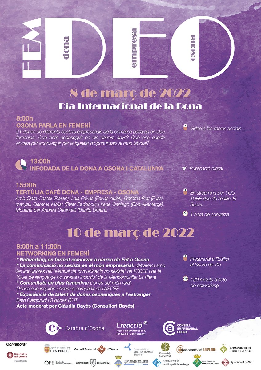 Amb motiu del 8 de març, Dia Internacional de les Dones, el <a href="/Cons_Llucanes/">Consorci del Lluçanès</a> col·labora en l'organització del cicle de trobades virtuals per valorar la feina de la dona en el món empresarial.

La participació és gratuïta!
Inscripcions: bit.ly/3IBCNhP