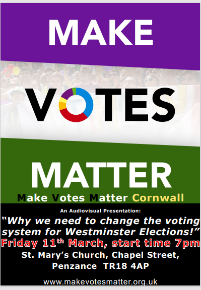 MVMCornwall's tweet photo. If you're unhappy that a 44% vote share at #GE19 gave Tories an 80 seat majority in Parliament, why not join us in Penzance on Friday 11th March at 7pm to discuss #ProportionalRepresentation and #RealDemocracy !

#MakeSeatsMatchVotes https://t.co/ZfhRtxO5MR