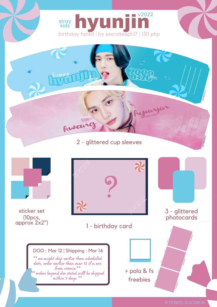 eterniteeph17's tweet photo. #ecphGO🐨

#HYUNJIN CUPSLEEVE BIRTHDAY FANKIT 💗

130 PHP only
- Glittered Cup Sleeve (2pcs)
- BirthdayCard
- Glittered Photocard (3pcs) (random pics)
- Sticker set (10 pcs)

DOO: 03/12
TARGET SHIPPING DATE: 03/14

WE MIGHT SHIP EARLIER THAN EXPECTED DEPENDING ON OUR PRODUCTION~ https://t.co/DJRvWHTr6e
