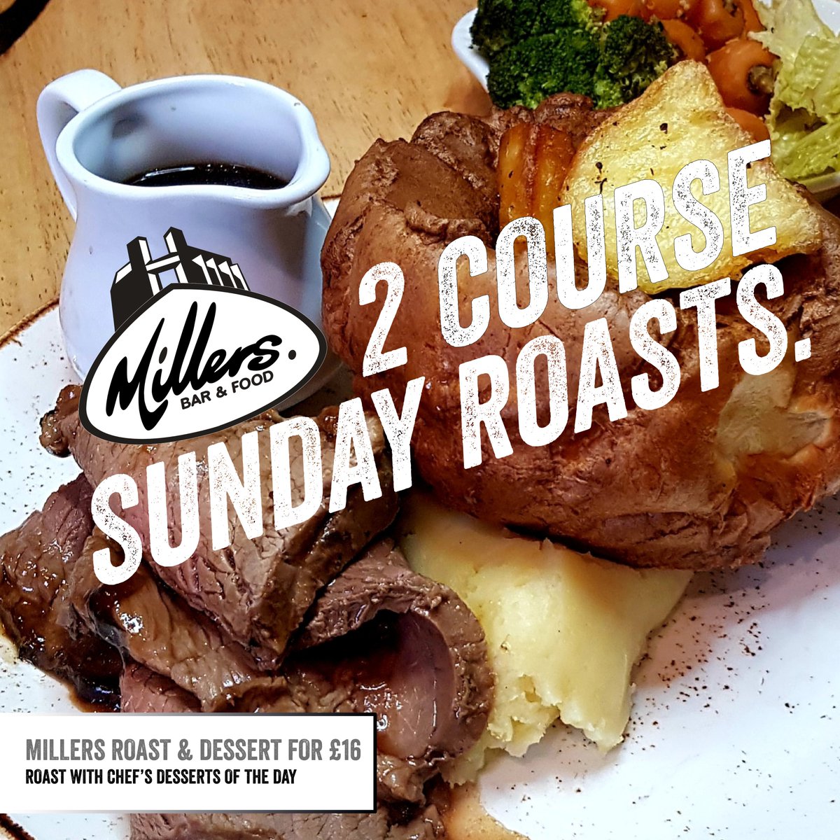 Sunday roast with the most...as much veg and gravy as you can eat as standard.
