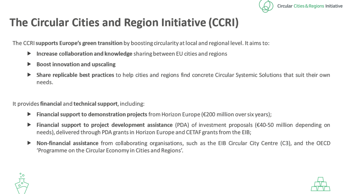 ACRplus's tweet photo. Instruments to accelerate the circular economy transition in cities and regions are already existing or under way as illustrated by the Circular Cities and Regions Initiative, the Circular City Centre of @EIB  or the work of @OECD_local. @CEStakeholderEU https://t.co/fiiE2qefXR