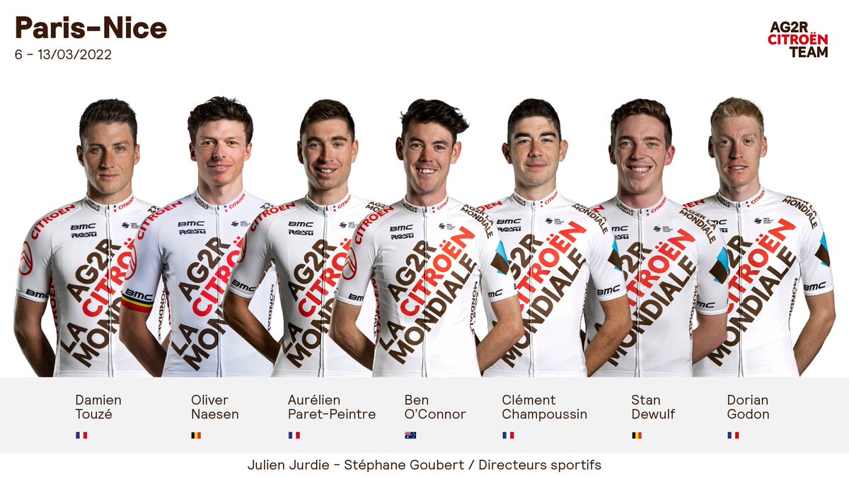 🇫🇷 @ParisNice 🗓 06-13/03 🇦🇺 @ben_oconnor95 🇫🇷 @AurelienParetP 🇫🇷 @clemchampou 🇧🇪 @OliverNaesen 🇫🇷 @damientouze 🇧🇪 @Stan_Dewulf1 🇫🇷 @DorianGodon #AG2RCITROËNTEAM #RoulonsAutrement #RideDifferently