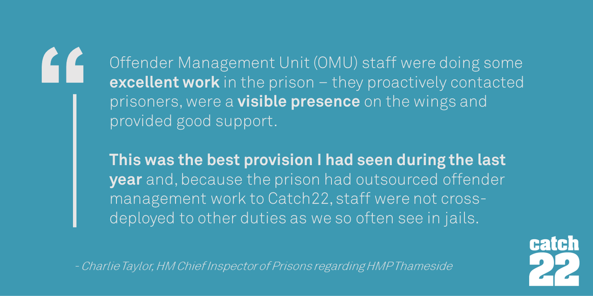 Catch22's tweet photo. Today, @HMIPrisonsnews' Chief Inspector, Charlie Taylor, has published his report on an unannounced inspection of HMP Thameside. In it, he speaks positively about Catch22 and the support provided by our staff in the OMU.

➡️ Read the report in full: https://t.co/1GWzjloXbC https://t.co/PHWZKyMByR