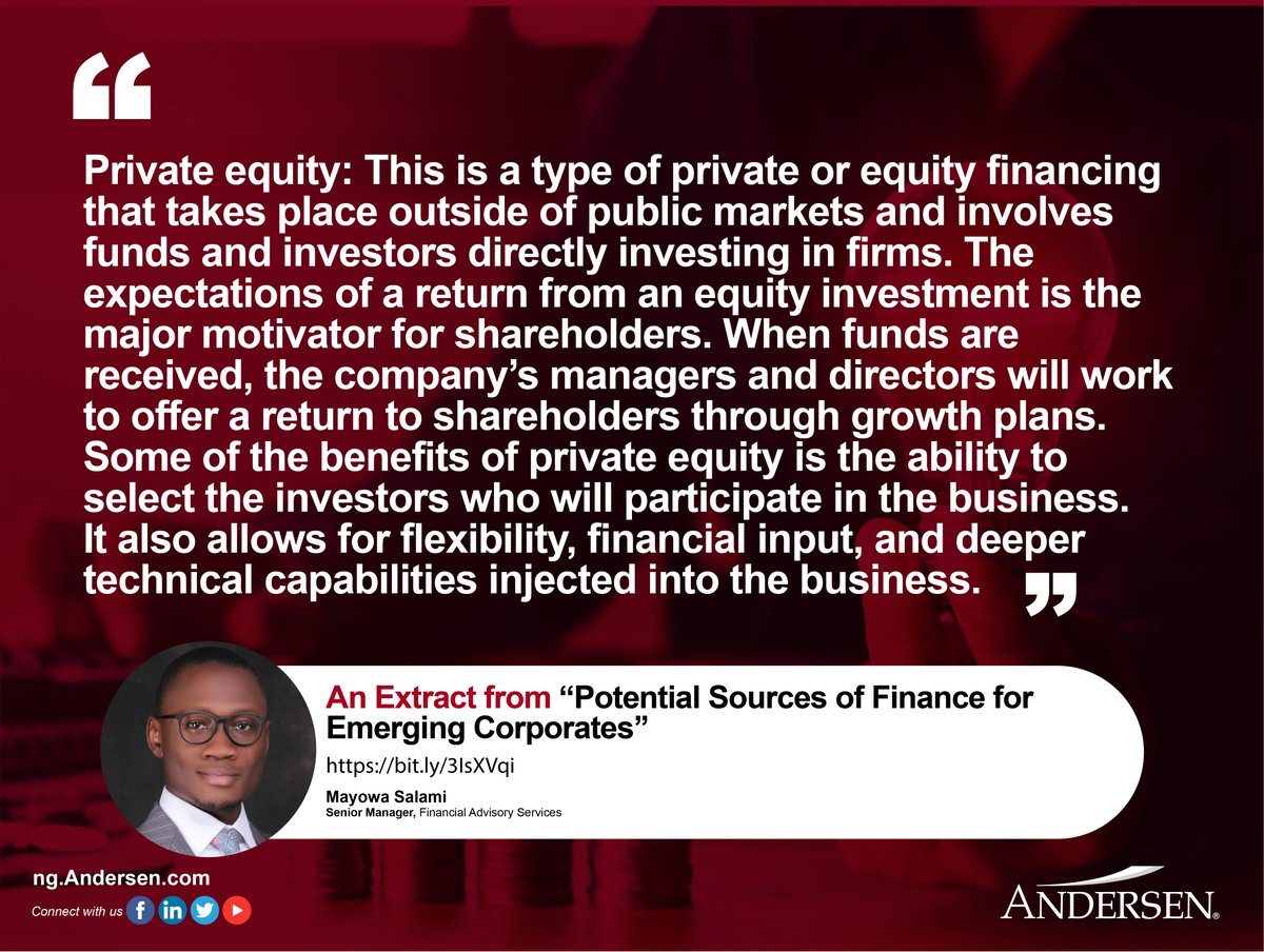 AndersenNigeria's tweet image. This is an extract from our article &quot;Potential Sources of Finance for Emerging Corporates&quot;

ng.andersen.com/potential-sour…

#finance #capitalstructures #smallandmediumscalesnterprises #smes #businesses #emergingcorporates