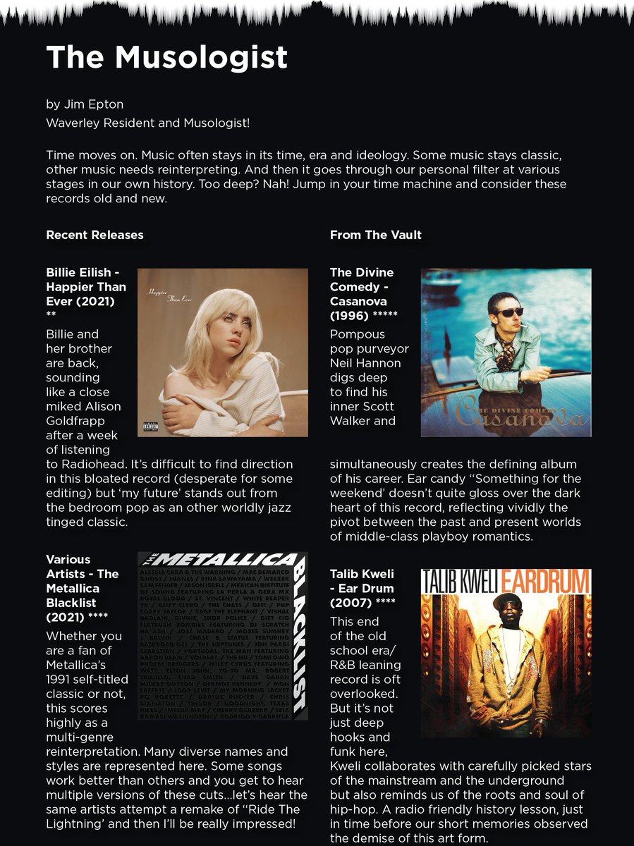 WaveMagazine2's tweet photo. Our Musologist feature this month covered some 'classics' from the vault, as well as some new releases.
An eclectic mix of @billieeilish, @Metallica, @divinecomedyhq and Talib Kweli.
Read the review in Issue 25 of Wave Magazine:
https://t.co/kleYXNJ45Q
#review #lifestylemag https://t.co/Etjgkqoh3c