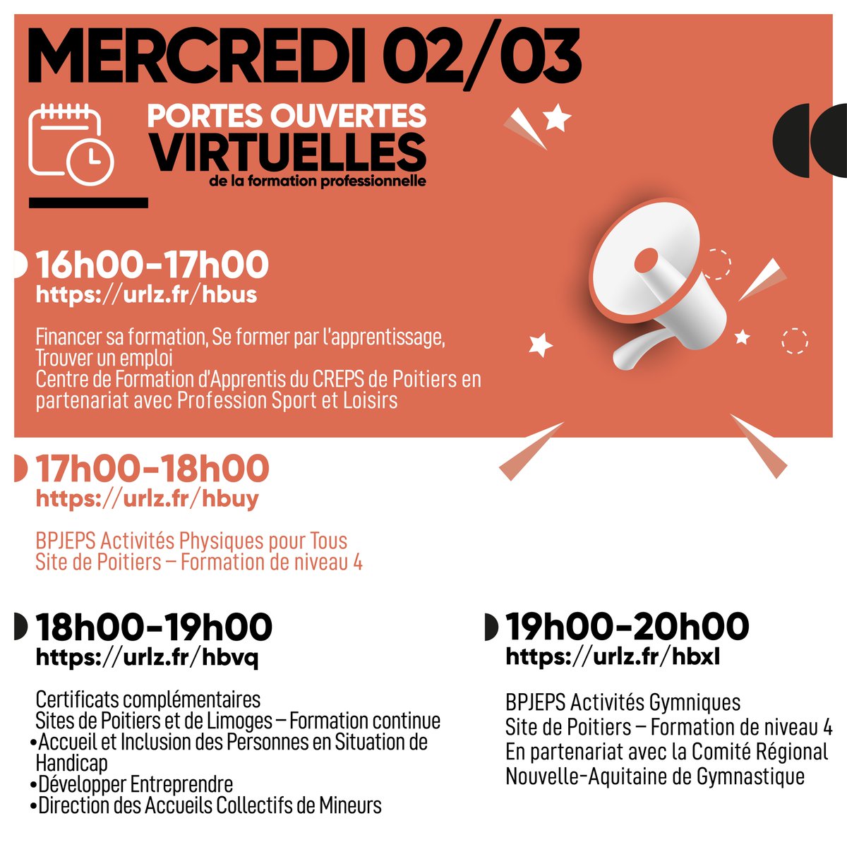 📅👩‍🎓👉 Programme chargé pour les portes ouvertes virtuelles du jour !

💸Financer sa formation (16h)
🧘BPJEPS APT (17h) 
👨‍🎓Certif. Complémentaires (18h)
🤸‍♀️BPJEPS AG (19h)
