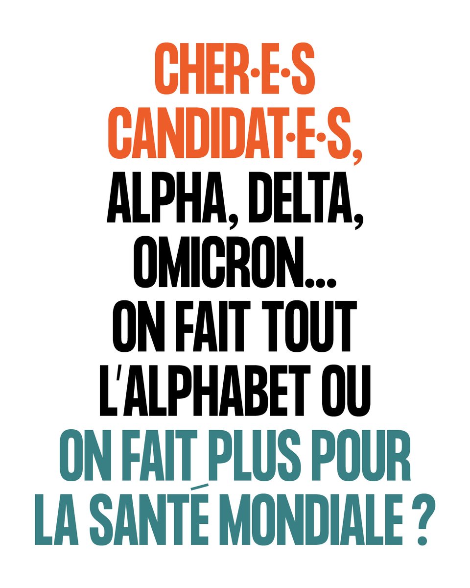 Les variants se multiplient. On ne peut pas en dire autant des solutions apportées par les candidat·e·s à la #presidentielle2022 pour vaincre la pandémie #COVID19 

Avec nous, interpellez les candidat·e·s pour en #FairePlusPourLaSantéMondiale ➡️ santemondiale2022.org