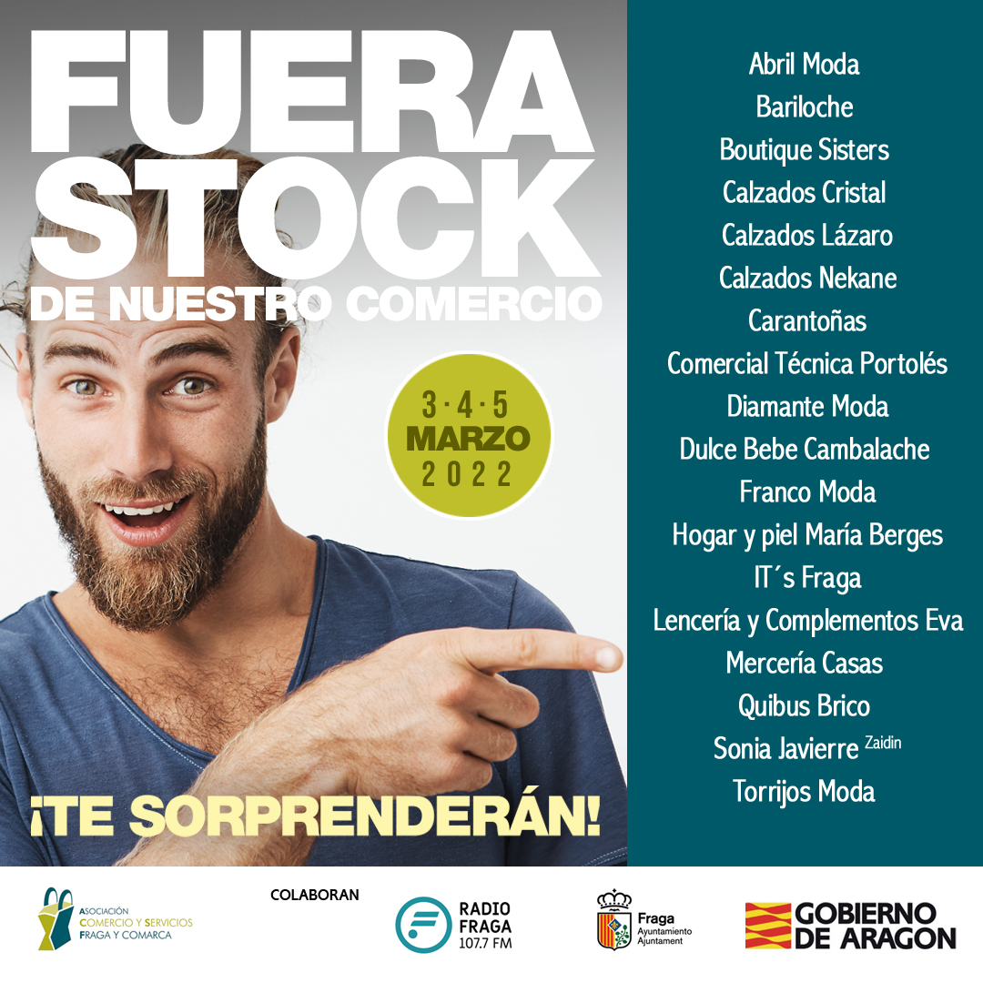 comerciofraga's tweet photo. ¡Desde mañana y hasta el sábado 5 de marzo celebramos FUERA STOCK! 🛍️🎈Busca la alfombra roja de los comercios participantes y aprovéchate de los saldos y promociones exclusivas que encontrarás únicamente estos 3 días.
#fuerastock #buscalaalfombraroja #saldos #oportunidades https://t.co/W5hEeZqCFu