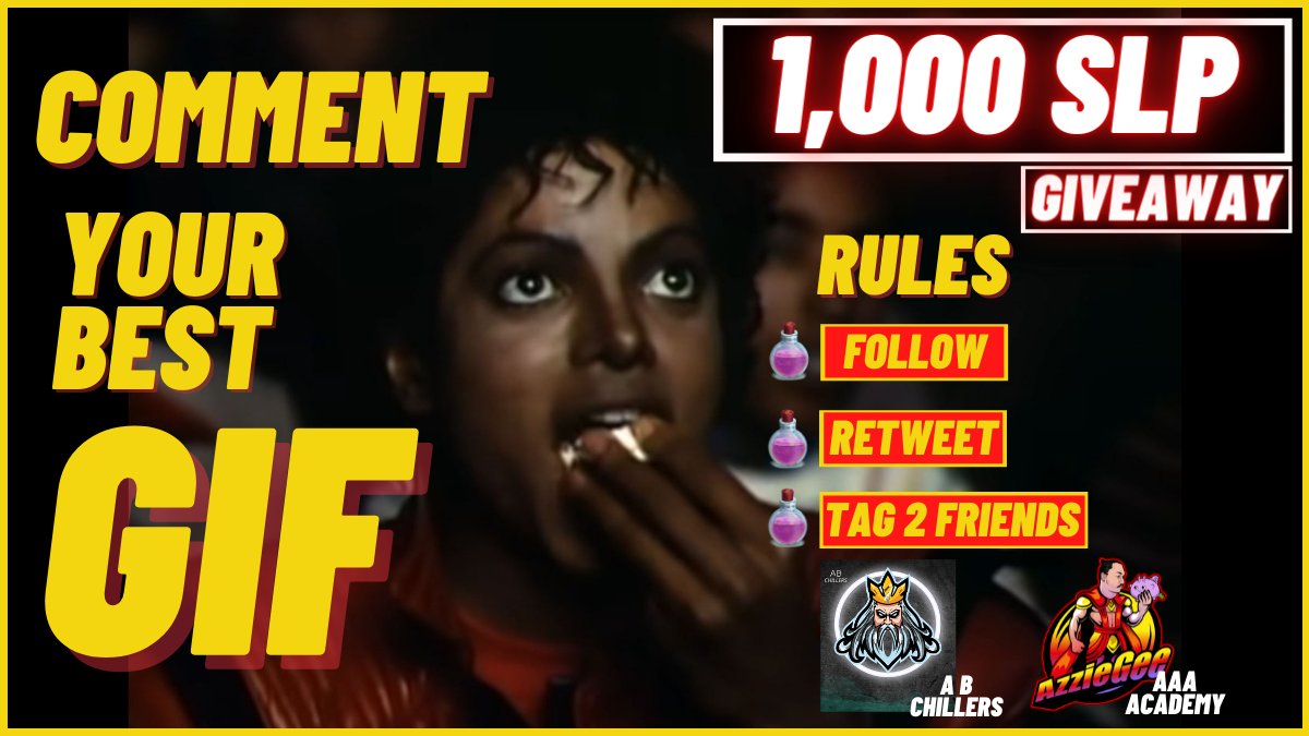 ABC/AAA's First event is: "Comment your best GIF"

1,000 $SLP GIVEAWAY!!

TOP 5 GIF we choose will receive 200 SLP each!

🚨Rules🚨
✨FOLLOW <a href="/AquaBoytweets/">Aqua✨❄️</a> &amp; <a href="/AzzieeGee/">AzzieGee | AAA ⚡</a> 
✨RT
✨TAG 2 FRIENDS

GL!!👏🏾

#giveaway #cash $ron #axie #php #gcash #AxieScholarship #AxieinfinityScholarship